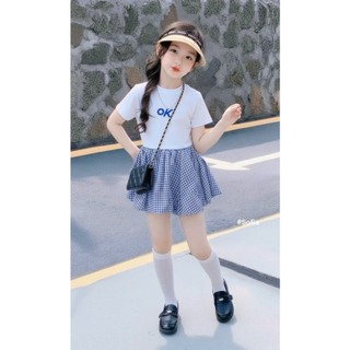 [B&G] Sét váy bé gái áo ok kèm chân váy caro xanh thời trang cho bé đi học đi chơi mùa hè