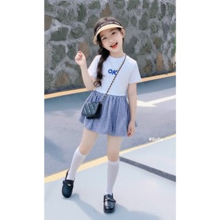 [B&G] Sét váy bé gái áo ok kèm chân váy caro xanh thời trang cho bé đi học đi chơi mùa hè