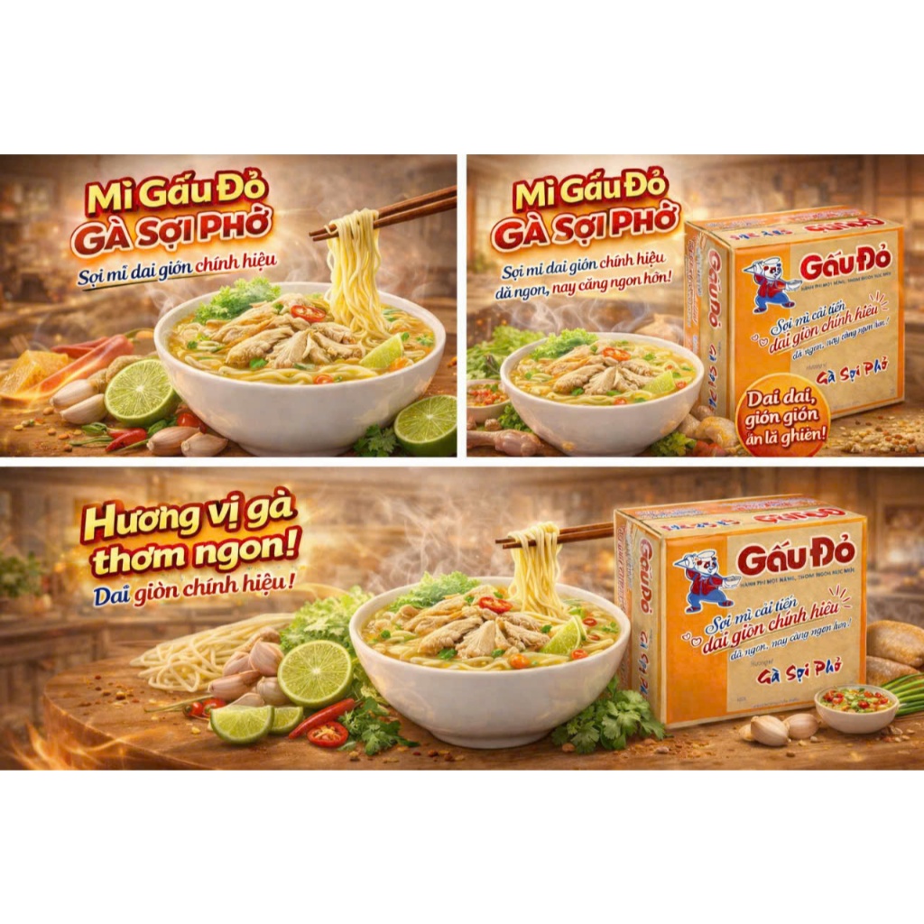 Mì Gấu Đỏ Sợi Phở Gói 63g – Mì Ăn Liền Sợi Phở Dai Ngon, Nước Súp Đậm Đà Hành Phi