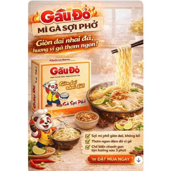 Mì Gấu Đỏ Sợi Phở Gói 63g – Mì Ăn Liền Sợi Phở Dai Ngon, Nước Súp Đậm Đà Hành Phi