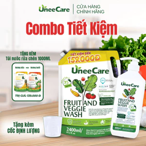 Combo 1 Túi Refill 2.4L + 1 Chai 800ml Nước Rửa Rau Quả UneeCare + TẶNG Túi Rửa Chén 1L trị giá 139K