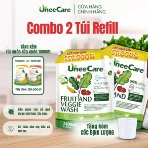 Combo 2 túi refill nước rửa rau củ quả UneeCare 2.4L + Tặng Túi nước rửa chén 1L trị giá 139K