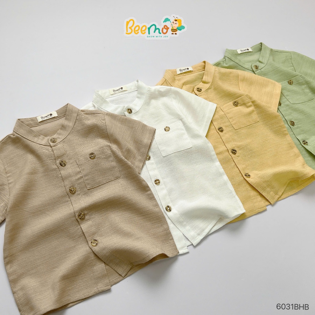 Bộ sơ mi linen basic trơn màu mềm mát cho bé trai, bộ sơ mi cộc cổ trụ khuy gỗ cho bé