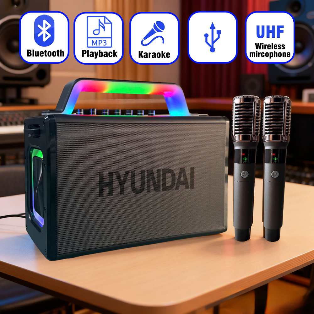 Loa HYUNDAI Loa Karaoke Xách tay HD010 Công suất lớn 120W Đèn Led RGB kèm 2 Micro AUX TP Card USB