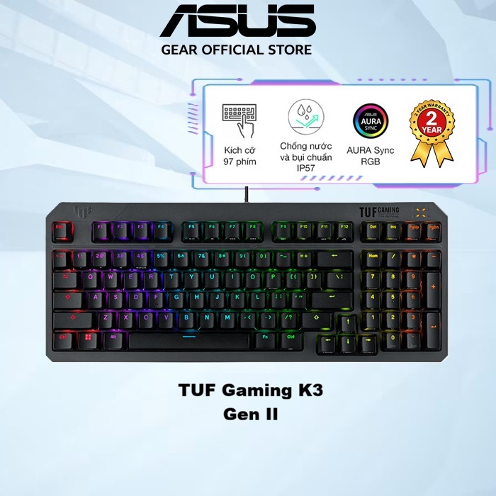 Bàn phím chơi game TUF Gaming K3 GEN II Thiết kế Gasket-Mount với lớp đệm silicon và lớp xốp tiêu âm, chống nước và bụi