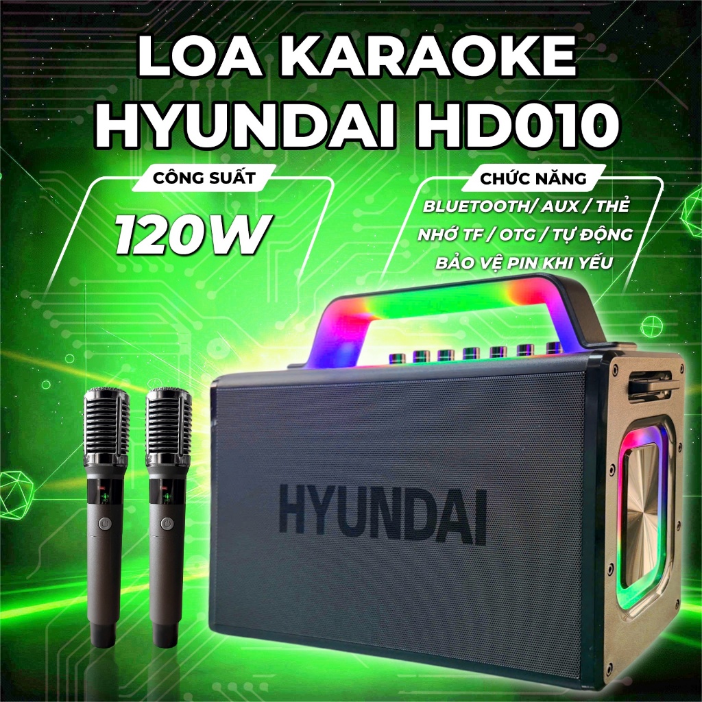 Loa HYUNDAI Loa Karaoke Xách tay HD010 Công suất lớn 120W Đèn Led RGB kèm 2 Micro AUX TP Card USB