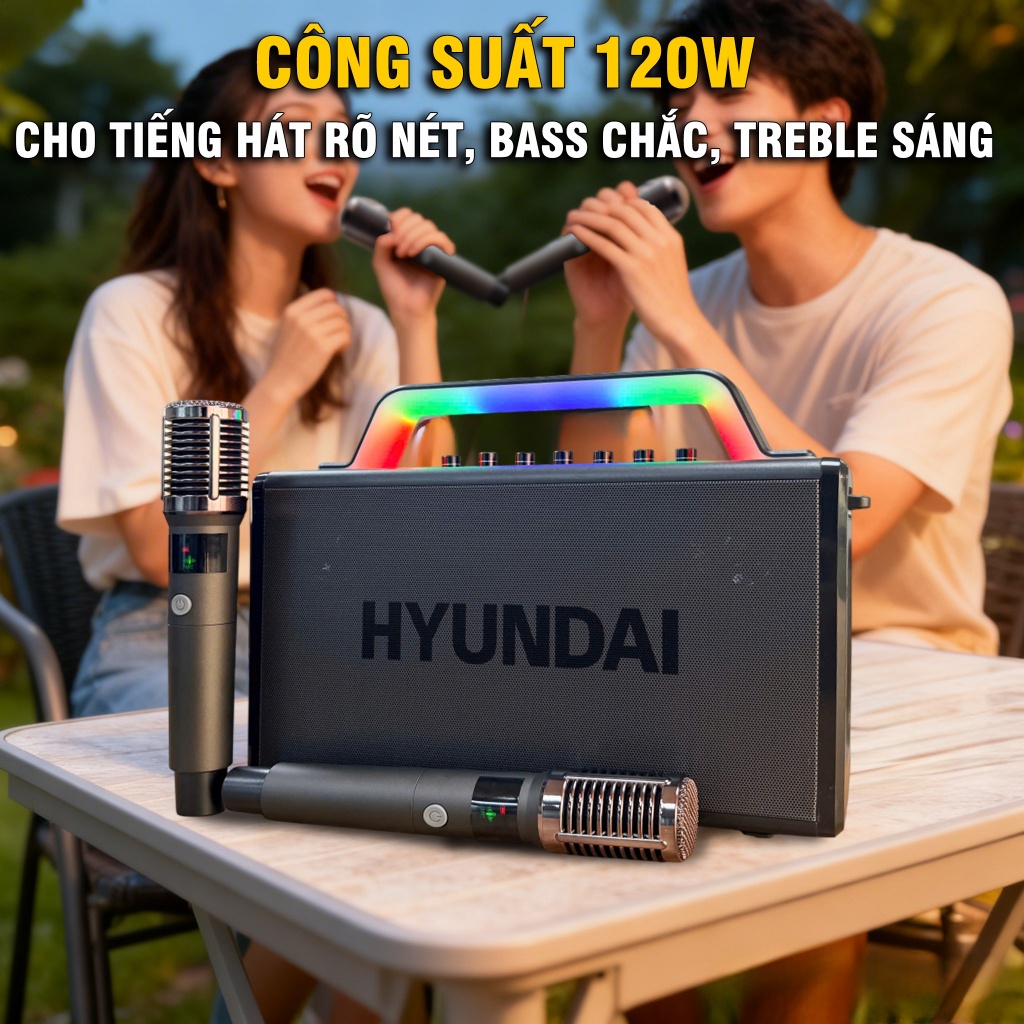 Loa HYUNDAI Loa Karaoke Xách tay HD010 Công suất lớn 120W Đèn Led RGB kèm 2 Micro AUX TP Card USB