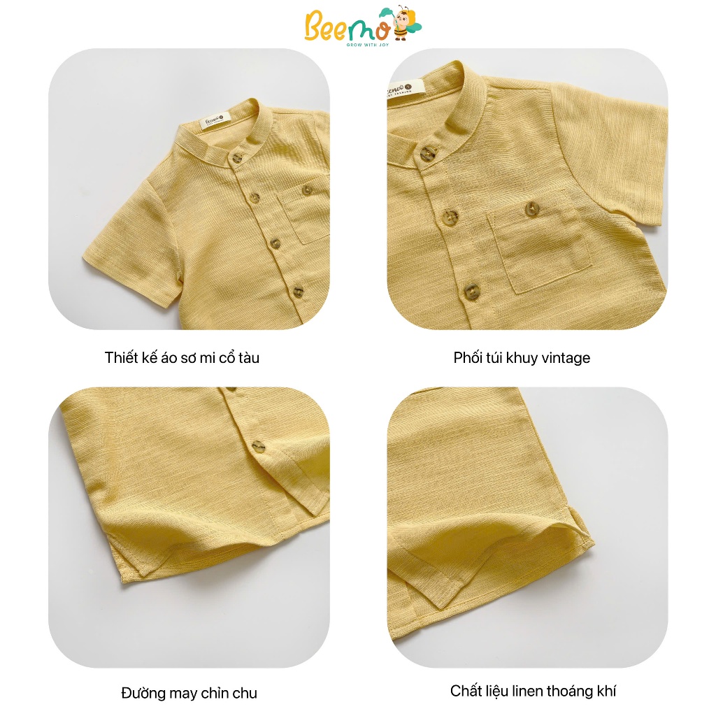Bộ sơ mi linen basic trơn màu mềm mát cho bé trai, bộ sơ mi cộc cổ trụ khuy gỗ cho bé