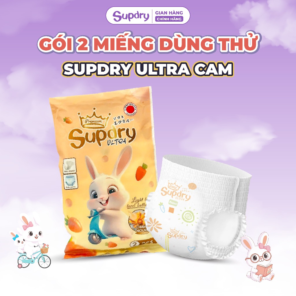 Túi 2 Miếng Dùng Thử Tã/Bỉm Supdry Ultra Cam Cao Cấp, Chống Hăm, Siêu Thấm Hút cho bé 4kg-20kg [QT]