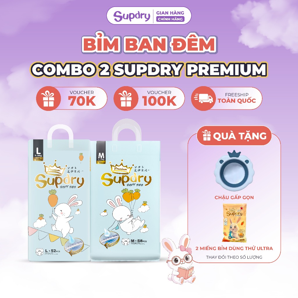(CÓ QUÀ) COMBO 2 Tã Bỉm Dán/Quần Supdry Premium An toàn, Thấm Hút, Khô Thoáng size NB/S/M/L/XL/XXL/XXXL cho bé 4kg-20kg