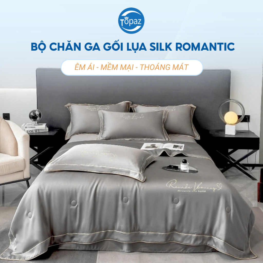 Set Bộ Chăn Ga Gối Lụa Silk Romantic Cao Cấp TOPAZ Gồm 4 Món Chất Liệu Mềm Nhẹ Thoáng Khí Không Bai Xù Không Phai Màu