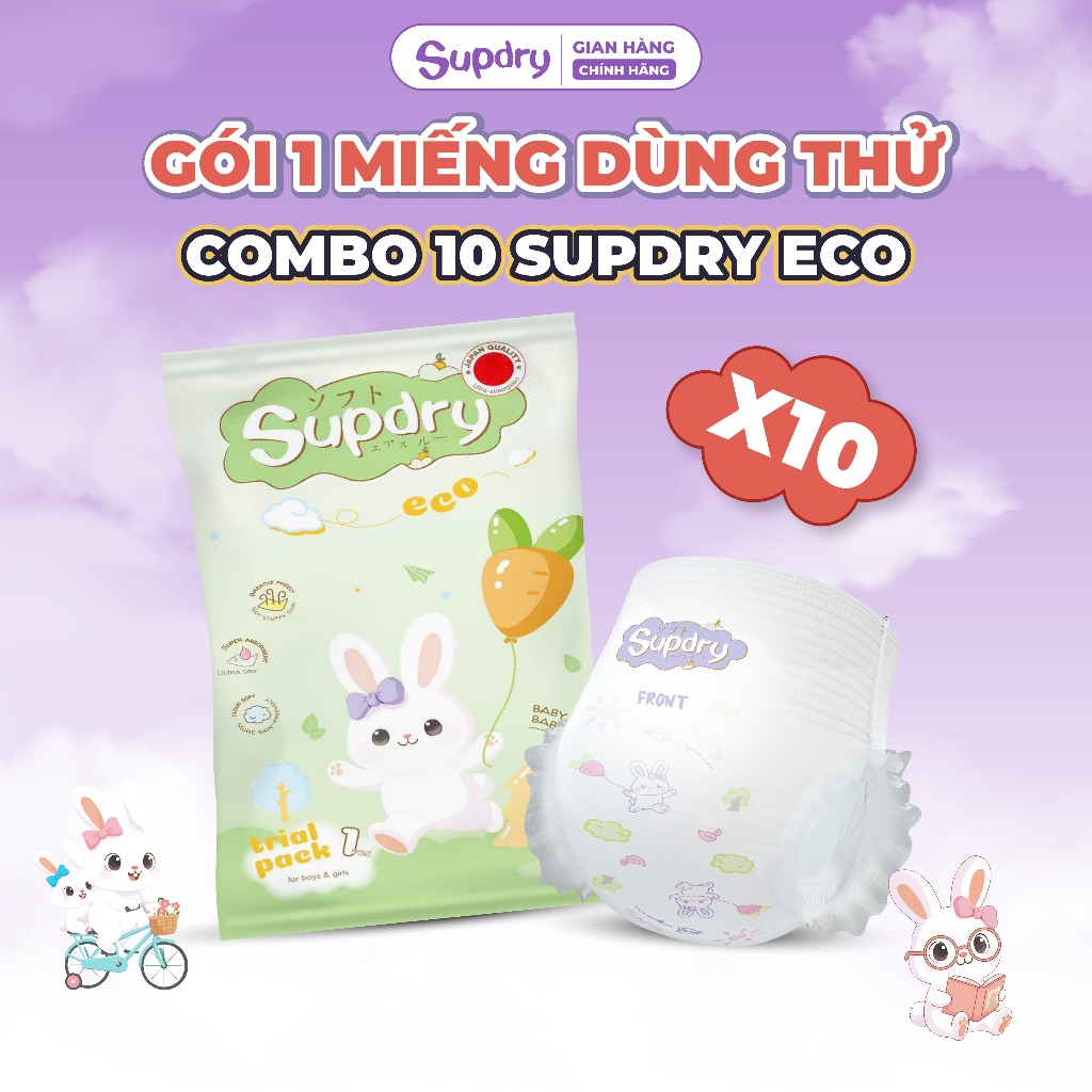 COMBO 10 Miếng Dùng Thử Tã/Bỉm Supdry Eco Êm Ái, Khô Thoáng, Thấm hút tốt Cho bé size M, L, XL, XXL, 3XL