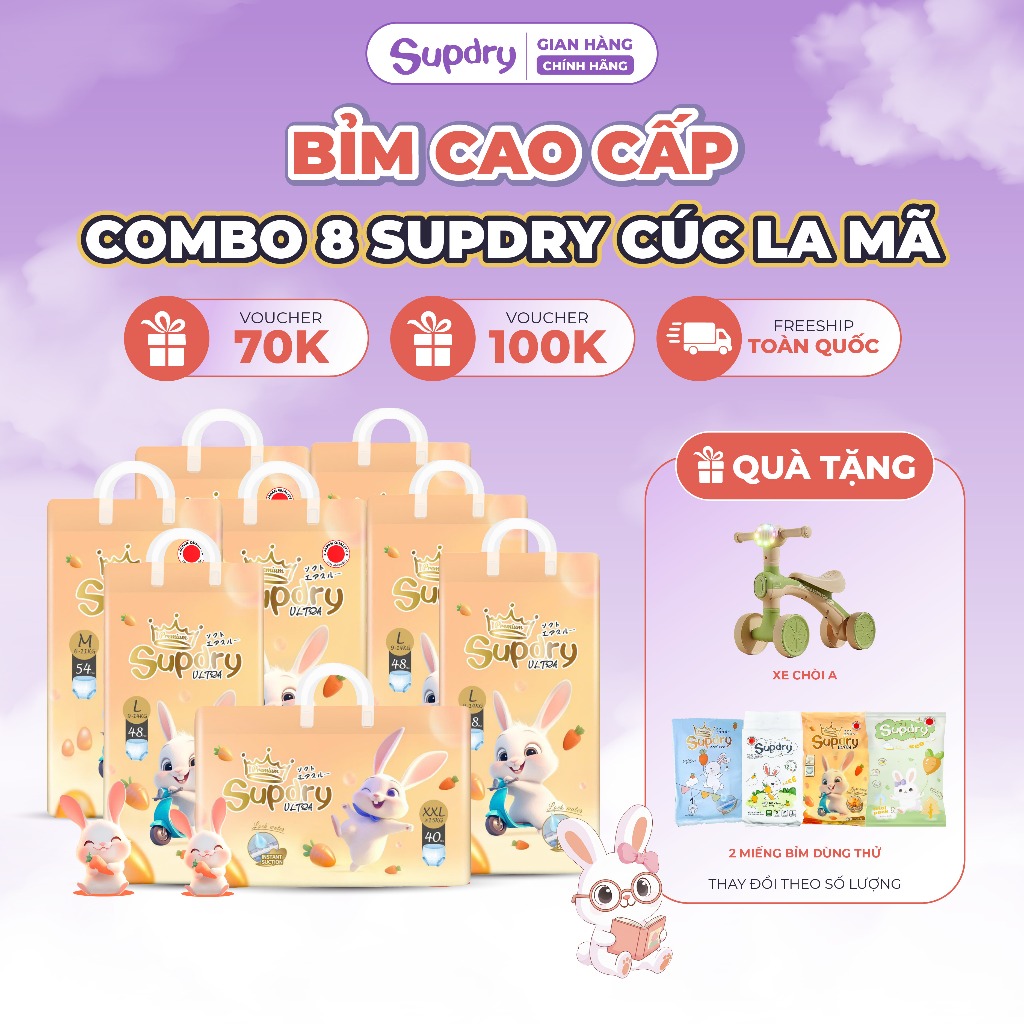 (CÓ QUÀ) COMBO 8 Tã Bỉm Dán/Quần Supdry Ultra Cam Cao Cấp, Chống Hăm, Thấm Hút size NB/S/M/L/XL/XXL/XXXL cho bé 4kg-20kg