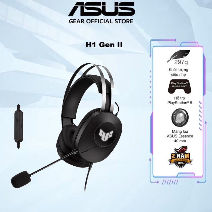Tai nghe gaming có dây Asus TUF Gaming H1 Gen II, âm thanh vòm ảo 7.1, micrô được chứng nhận TeamSpeak