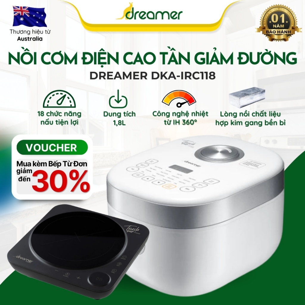 Nồi cơm điện cao tần giảm đường DREAMER DKA-IRC118, 1.8 lít, lòng nồi hợp kim gang, 18 chức năng
