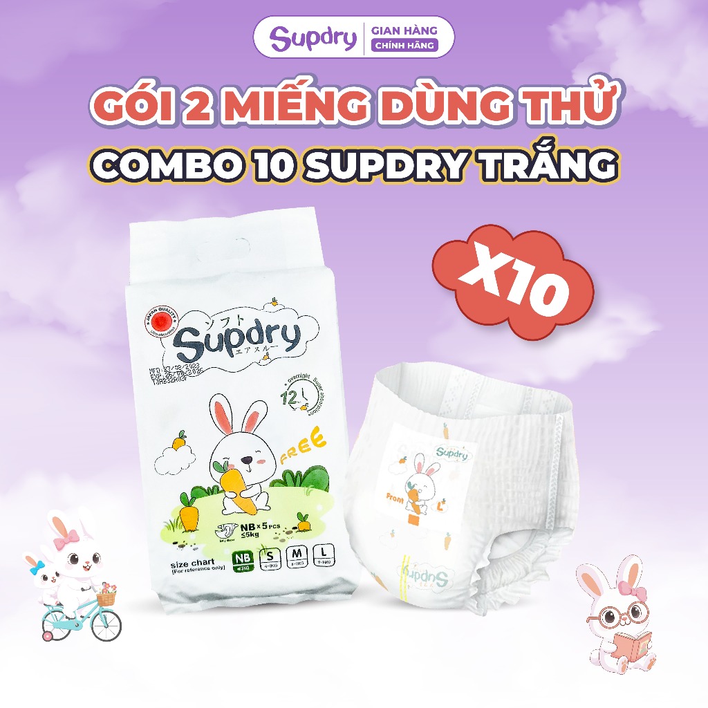 COMBO 10 Gói - 20 Miếng Dùng Thử Supdry Trắng Mỏng Nhẹ Cho Bé size S/M/L/XL/XXL/XXXL từ 4kg đến 20kg