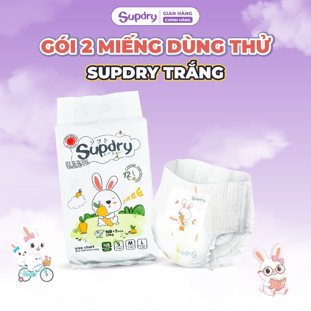 Túi 2 Miếng Dùng Thử Supdry Trắng Mỏng Nhẹ Cho Bé size S/M/L/XL/XXL/XXXL từ 4kg đến 20kg (QT)