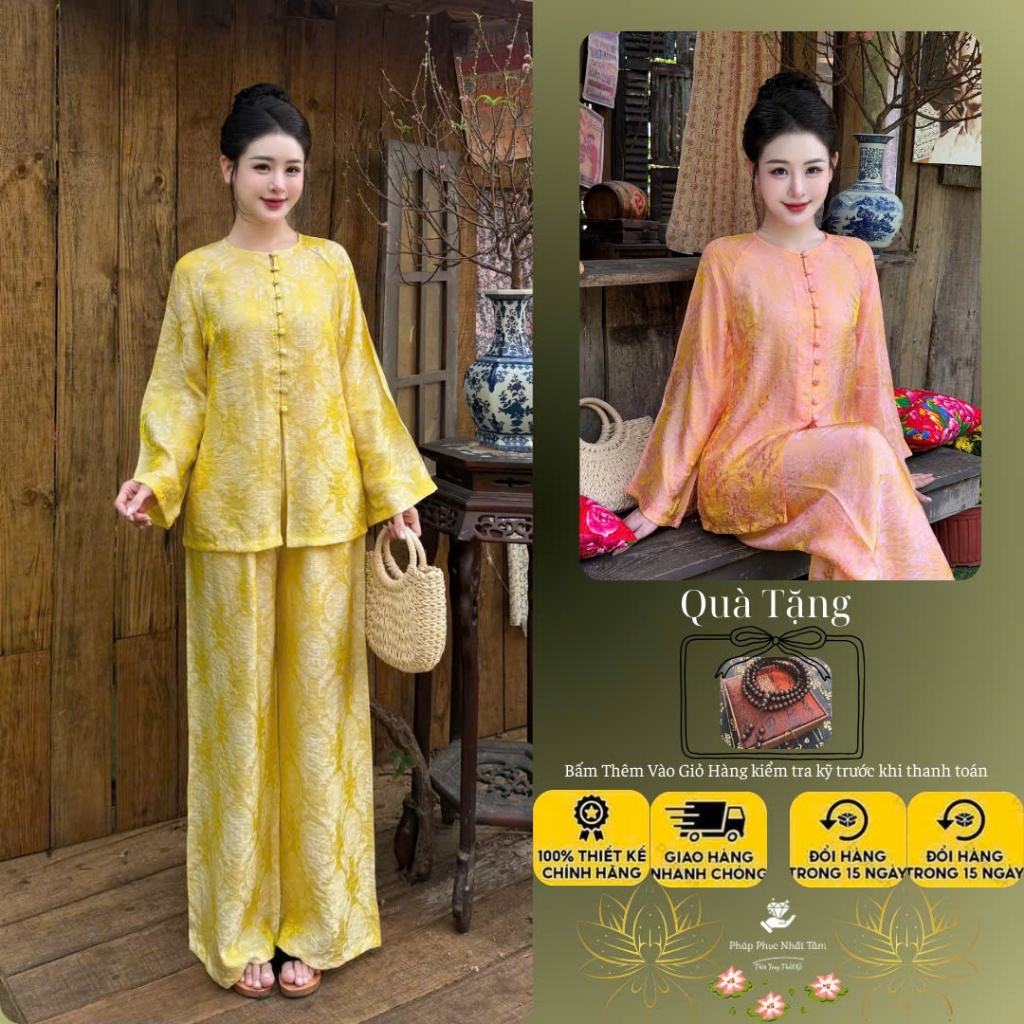Ms40 set bà ba cách tân cổ tròn dài tay vải gấm thọ hàn châu cách điệu cúc bọc.bb cổ tròn vài thọ
