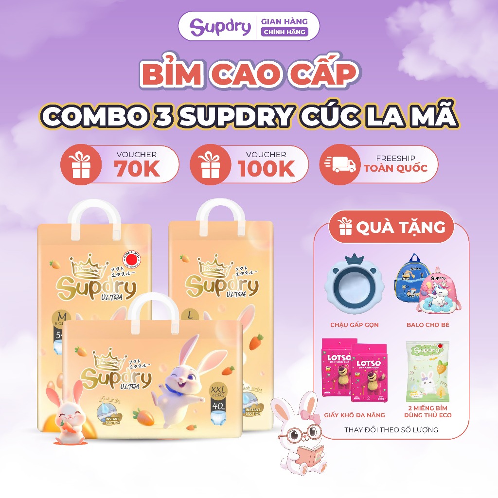 (CÓ QUÀ) COMBO 3 Tã Bỉm Dán/Quần Supdry Ultra Cam Cao Cấp, Chống Hăm, Thấm Hút size NB/S/M/L/XL/XXL/XXXL cho bé 4kg-20kg