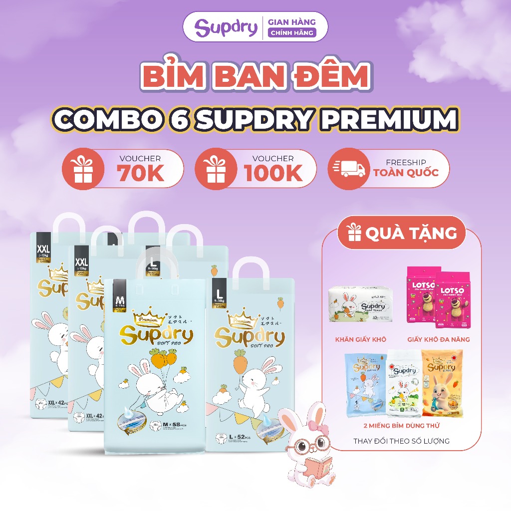 (CÓ QUÀ) COMBO 6 Tã Bỉm Dán/Quần Supdry Premium An toàn, Thấm Hút, Khô Thoáng size NB/S/M/L/XL/XXL/XXXL cho bé 4kg-20kg