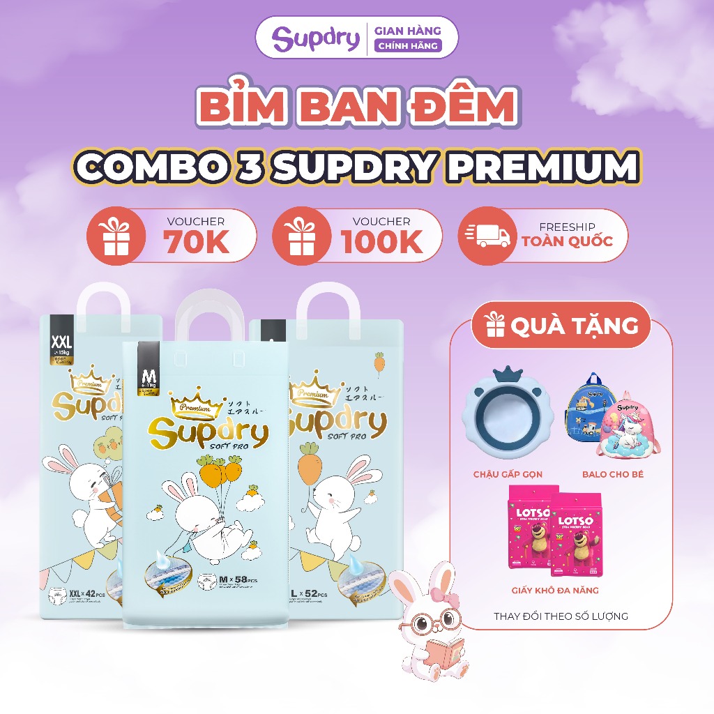 (CÓ QUÀ) COMBO 3 Tã Bỉm Dán/Quần Supdry Premium An toàn, Thấm Hút, Khô Thoáng size NB/S/M/L/XL/XXL/XXXL cho bé 4kg-20kg