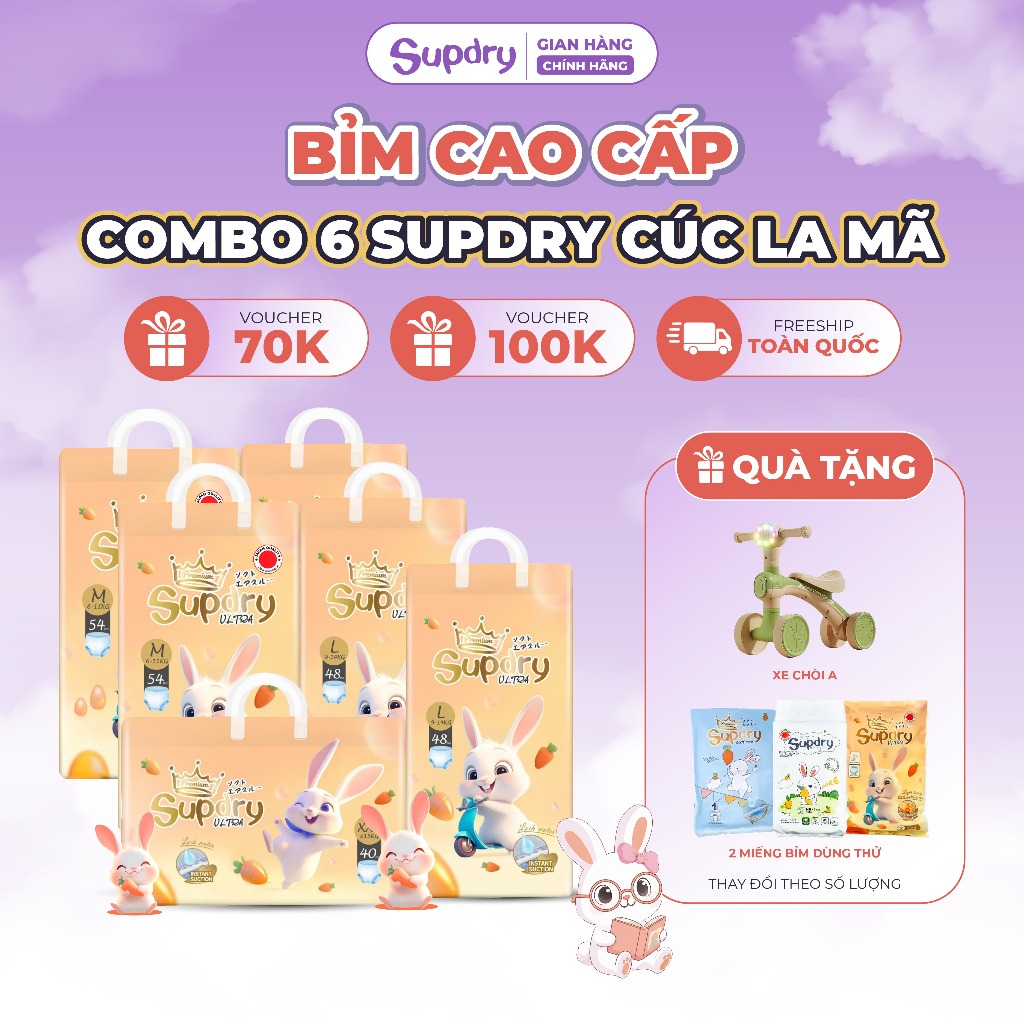 (CÓ QUÀ) COMBO 6 Tã Bỉm Dán/Quần Supdry Ultra Cam Cao Cấp, Chống Hăm, Thấm Hút size NB/S/M/L/XL/XXL/XXXL cho bé 4kg-20kg