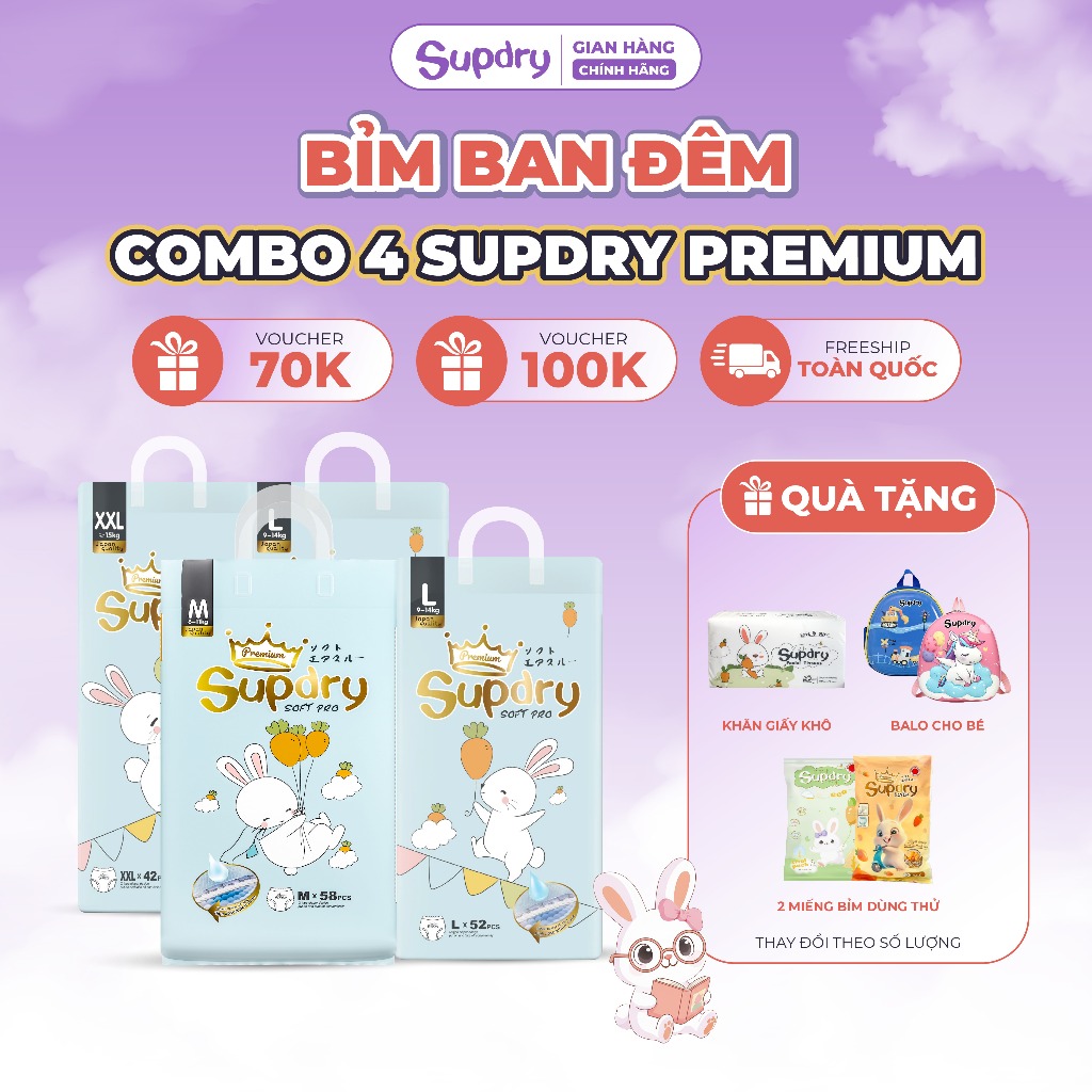(CÓ QUÀ) COMBO 4 Tã Bỉm Dán/Quần Supdry Premium An toàn, Thấm Hút, Khô Thoáng size NB/S/M/L/XL/XXL/XXXL cho bé 4kg-20kg