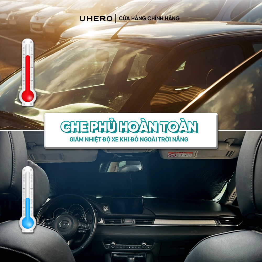 Tấm chắn nắng kính lái ô tô UHERO bản to không dính, vải Titan Oxford 420D cao cấp cách nhiệt, chống tia UV, gấp gọn tiệ