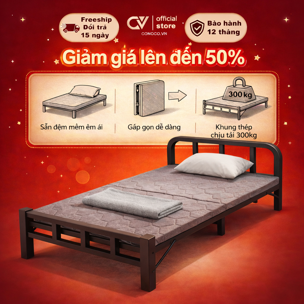 CONOCO Giường Gấp Gọn Kèm Đệm 75-120cm Giường Xếp Văn Phòng Khung Thép Bảo Hành 12 Tháng