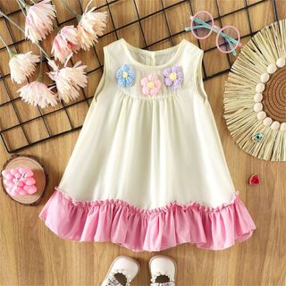 Đầm bé gái 3 bông hoa sát nách màu trơn 9th-4 tuổi Váy bé gái dáng xòe mùa hè D1261 Bí Ngô Nhỏ