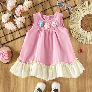 Đầm bé gái 3 bông hoa sát nách màu trơn 9th-4 tuổi Váy bé gái dáng xòe mùa hè D1261 Bí Ngô Nhỏ