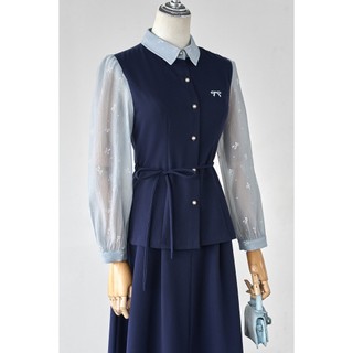 Áo Kiểu Nữ Sơ Mi Công Sở LAMER FASHION Phối Tay Voan Nơ Eo, Chân Váy Công Sở Chun Sau L61H26Q004 L62L26Q003