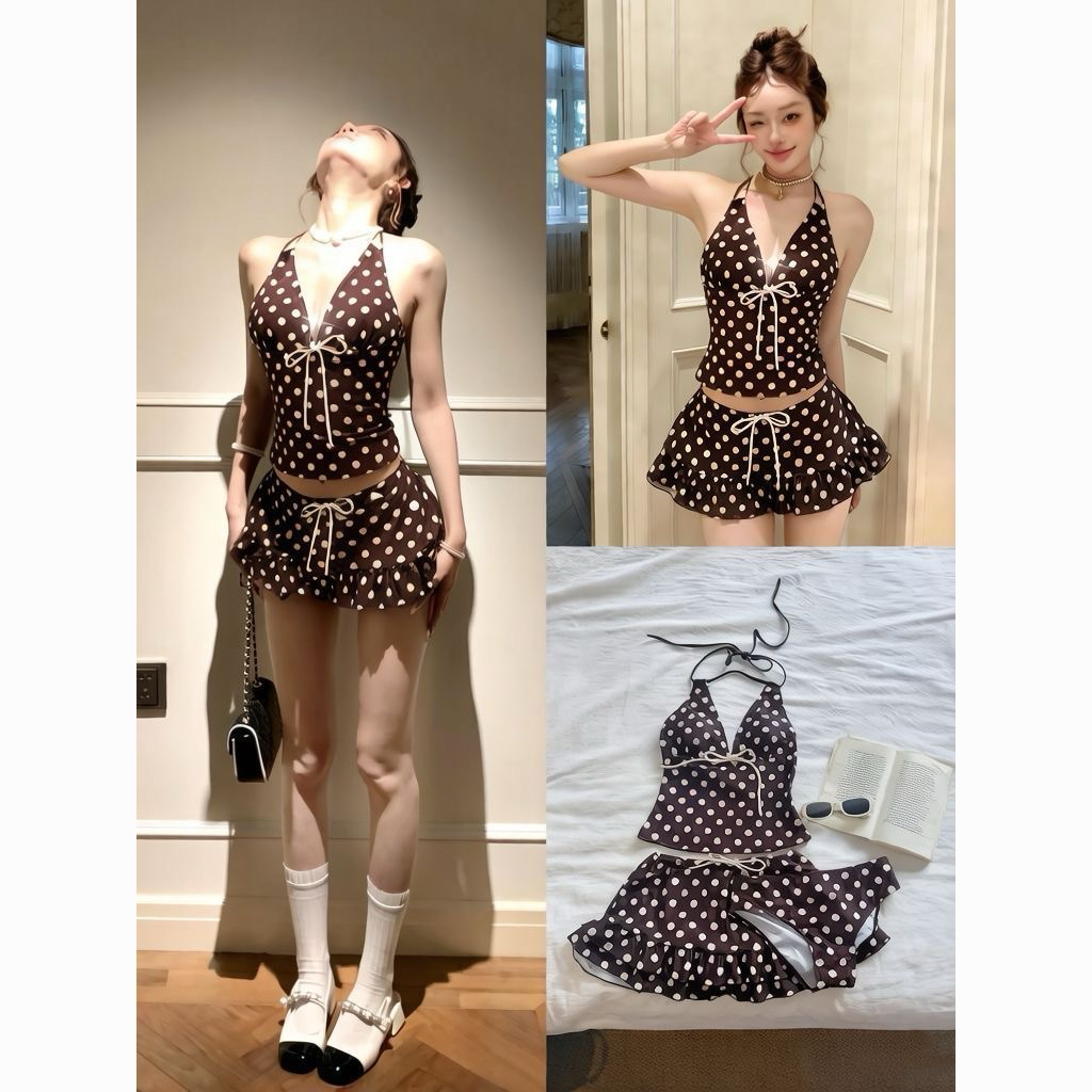 Đồ Bơi Nữ 3 Mảnh Bikini Dạng Váy Chấm Bi Vintage Đen Nâu