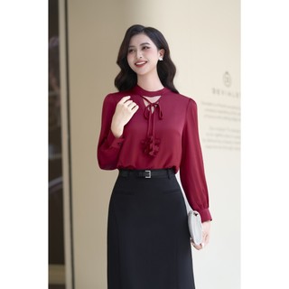 Áo Sơ Mi Nữ Cổ Tàu Dáng Suông Dài Tay Dây Buộc Đính Hoá LAMER L61B25Q027