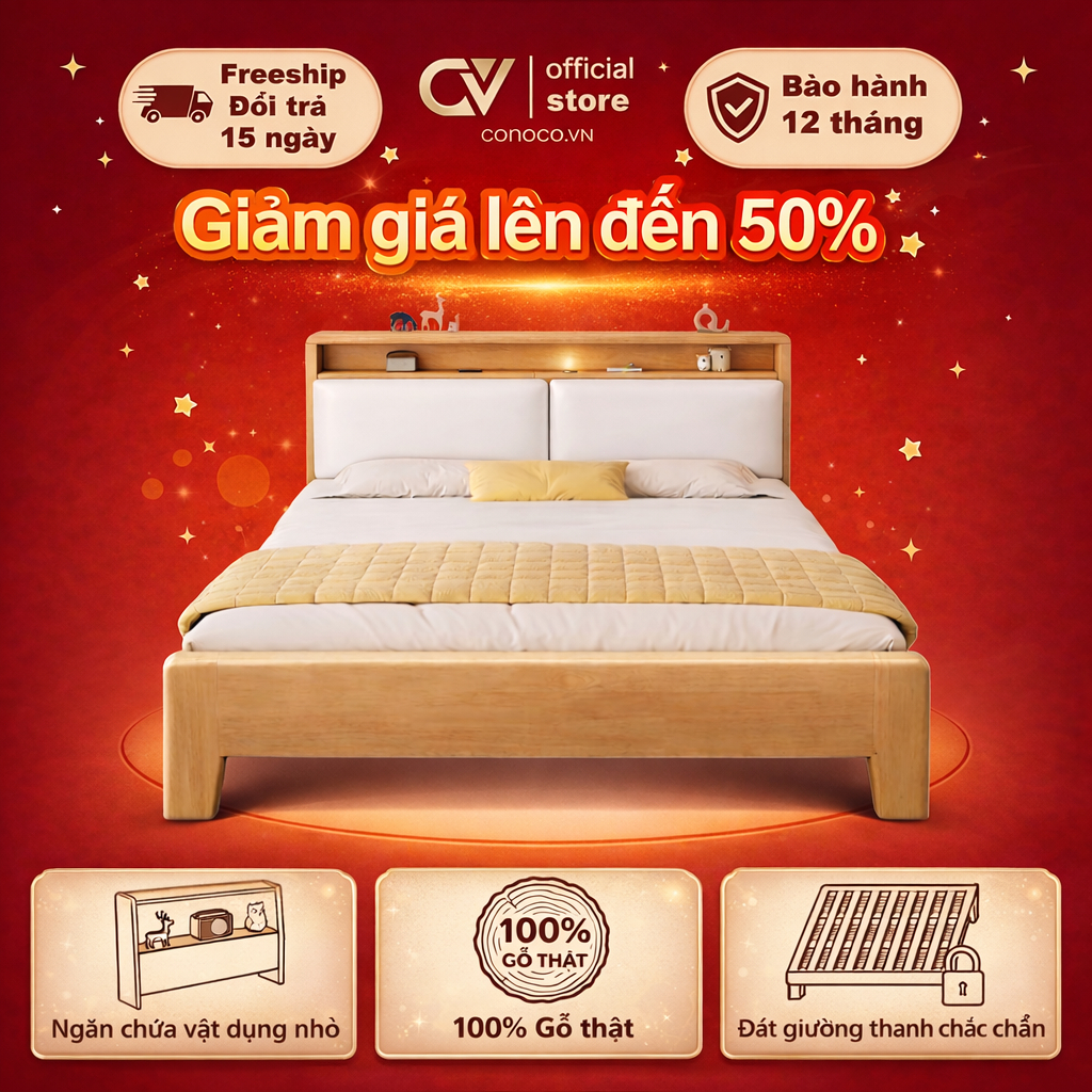 CONOCO Giường Gỗ Sồi Tự Nhiên 1m6x2m Giường Ngủ Cao Cấp Nhập Khẩu FAS Chắc Chắn Bền Đẹp