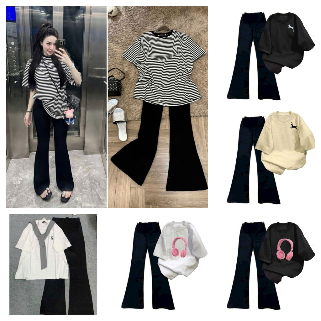 Sét Bộ Nữ Áo Phông Các Mẫu Nam Nữ Phối Kèm Quần Dài Cạp Chun Ống Loe Bản Trơn siêu Dễ Thương
