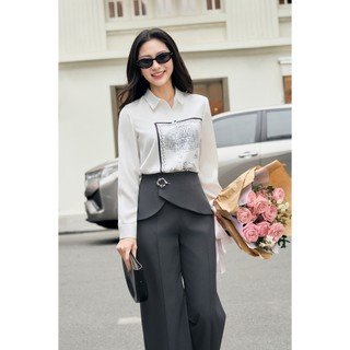 Quần Công Sở Nữ Ống Rộng LAMER FASHION Cạp Liền Phủ Ngoài Kèm Khuy Cài O64W26Q001