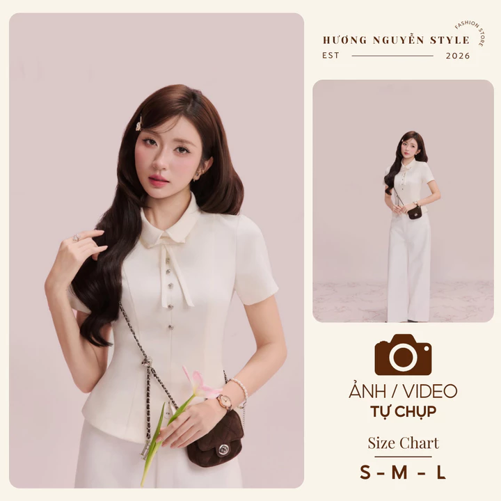 Áo peplum chéo hàn 5 cúc nơ cổ, áo công sở form basic, sang trọng thanh lịch_17A