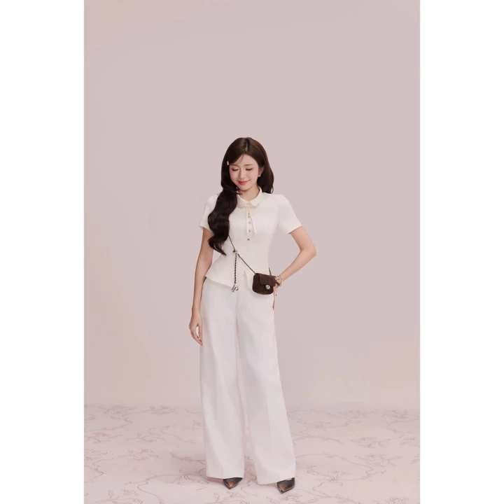 Áo peplum chéo hàn 5 cúc nơ cổ, áo công sở form basic, sang trọng thanh lịch_17A