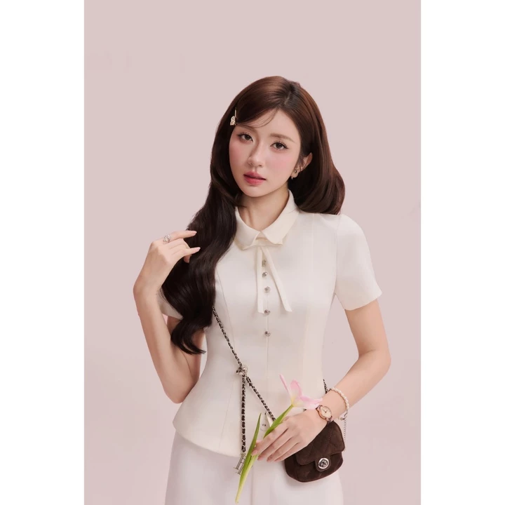 Áo peplum chéo hàn 5 cúc nơ cổ, áo công sở form basic, sang trọng thanh lịch_17A