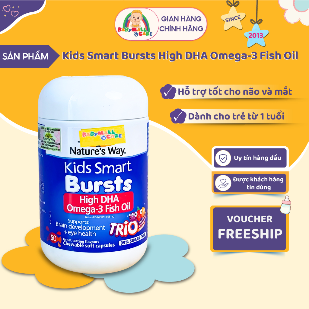 Viên Dầu Cá Kids Smart Bursts High DHA Omega 3 Fish Oil 60 Viên Hỗ Trợ Não Bộ Và Mắt | Babymall&Care