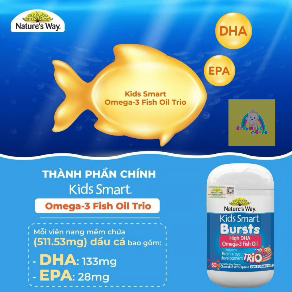 Viên Dầu Cá Kids Smart Bursts High DHA Omega 3 Fish Oil 60 Viên Hỗ Trợ Não Bộ Và Mắt | Babymall&Care