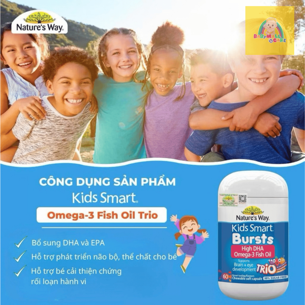 Viên Dầu Cá Kids Smart Bursts High DHA Omega 3 Fish Oil 60 Viên Hỗ Trợ Não Bộ Và Mắt | Babymall&Care
