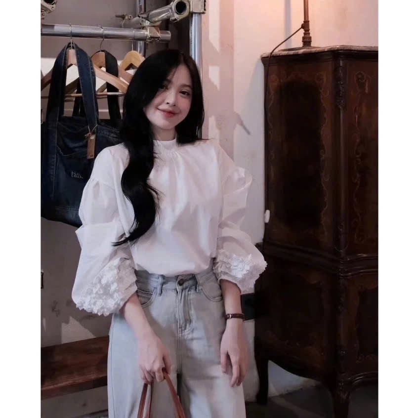 AO SƠ mi cổ trụ tay bồng dáng xuông phong cách hàn quốc cho nàng
