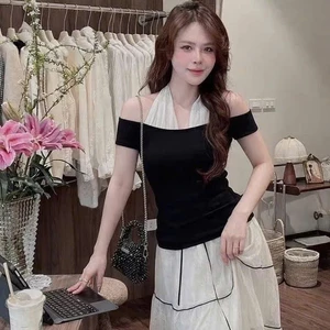 AO thun cộc tay trễ vai phối cổ yếm soắn tiểu thư cho nàng hàng sẵn giao ngay