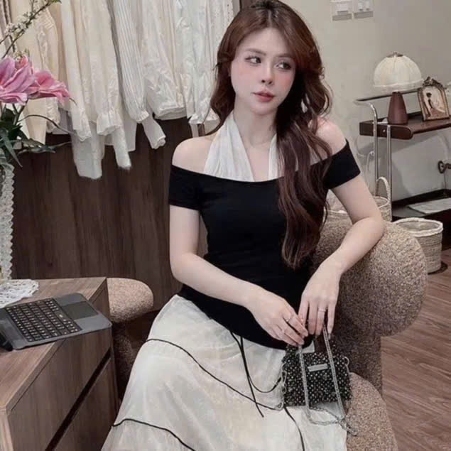 AO thun  cộc tay trễ vai  phối cổ yếm soắn tiểu thư cho nàng hàng sẵn giao ngay