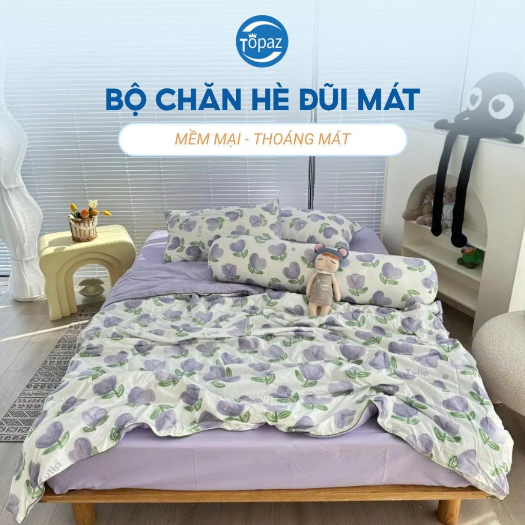 Bộ Chăn Hè Cotton Đũi Bông Đậu 5 Món Cao Cấp TOPAZ Nhập Khẩu - Chăn Mền Mùa Hè Chất Liệu Cotton Siêu Mềm, Siêu Mát