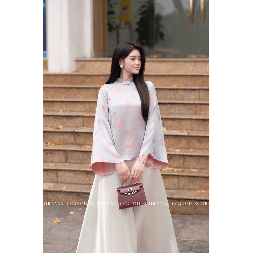 Set áo lụa quần tơ loe giả váy
