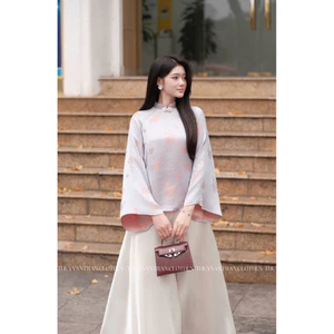 Set áo lụa quần tơ loe giả váy