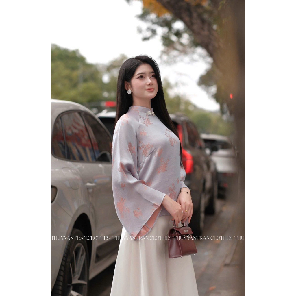 Set áo lụa quần tơ loe giả váy